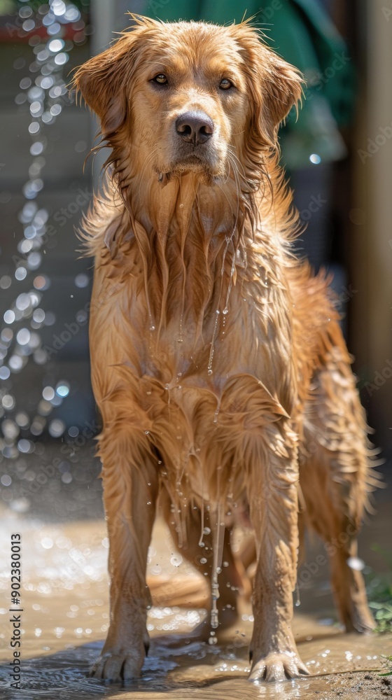 Fototapeta premium A wet golden retriever dog stands in the water, looking up. AI.