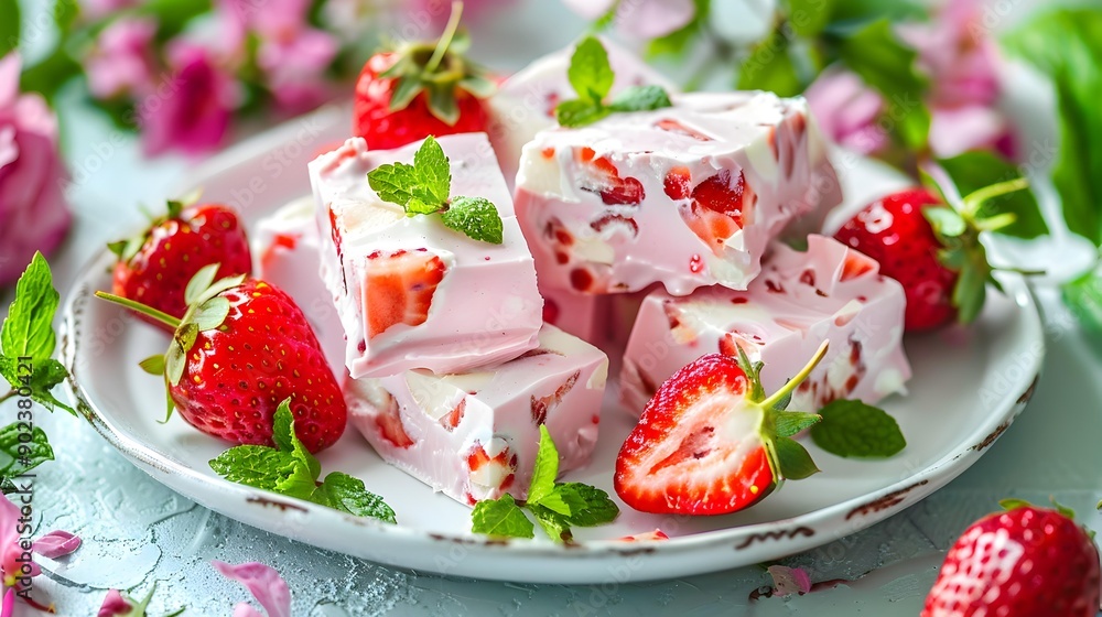 Strawberry nougat decorated with fresh strawberries Strawberry nougat decorated with fresh strawberries