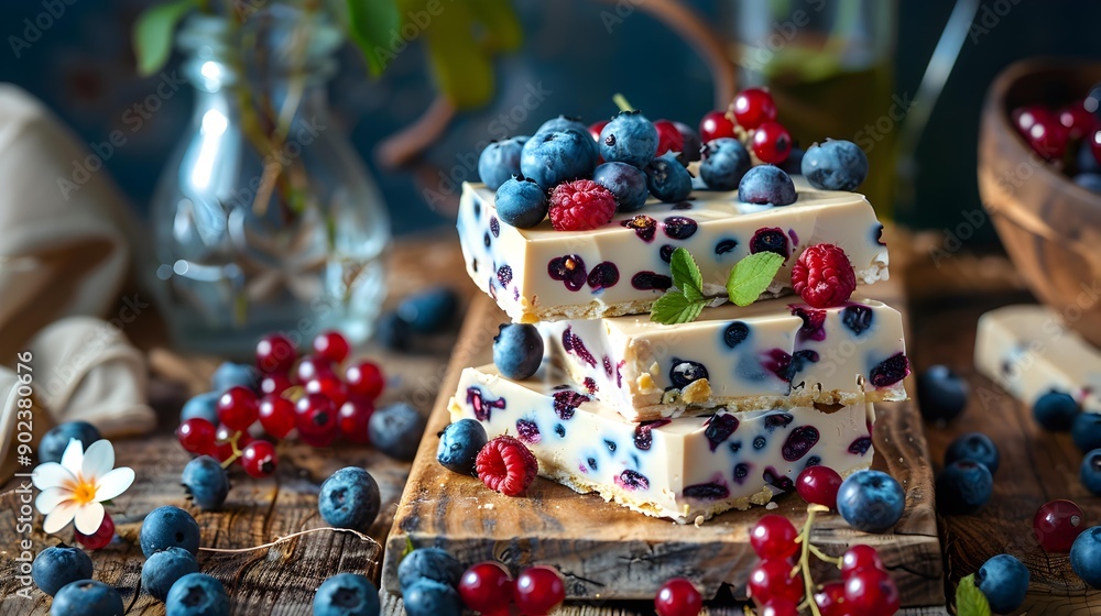 Obraz premium Nougat with blueberries laid on a wooden board img