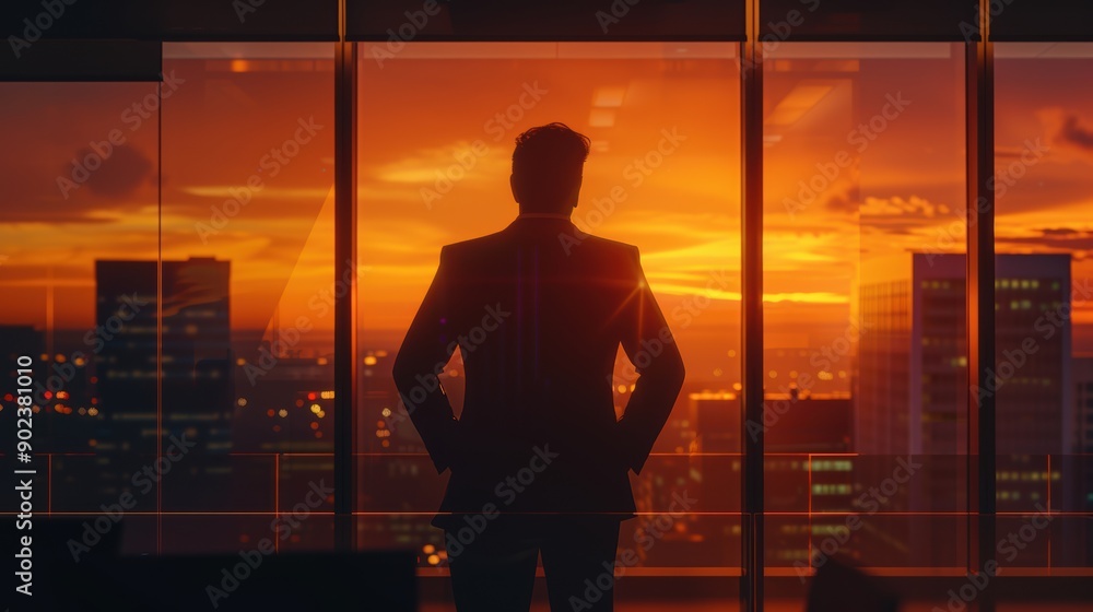 A business professional standing in front of an office window, admiring the cityscape at sunset, with silhouettes and vibrant colors in the sky. A business professional standing in front of an office window, admiring the cityscape at sunset, with silhouettes and vibrant colors in the sky.