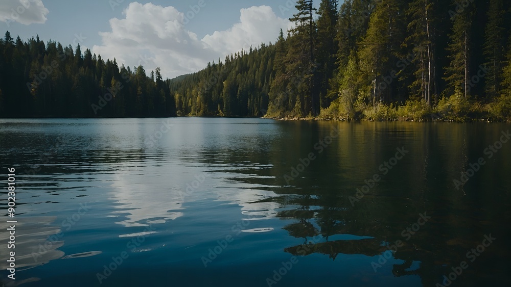 Naklejka premium The lake’s peaceful surface highlighted by the vibrant colors of a summer twilight