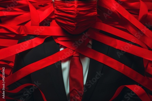 Businessman entangled in red tape symbolizing bureaucracy and corporate restriction. Dark suit, red tie, red ribbons.