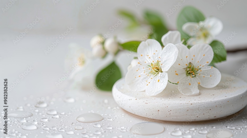 A white podium with an eggshell pattern showcasing a flower blossom. A white podium with an eggshell pattern showcasing a flower blossom.