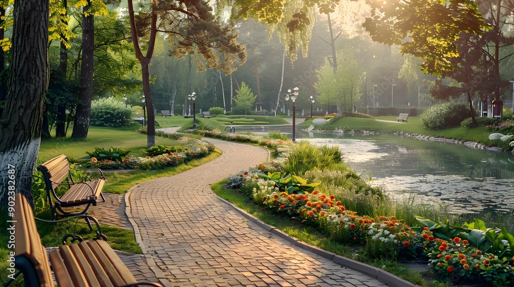 Fototapeta premium The park has a winding brick path img