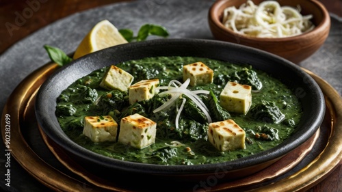 Create an image of Palak Paneer, with cubes of paneer cheese cooked in a rich spinach sauce, garnished with a swirl of cream and fresh ginger juliennes. Serve with a side of garlic naan. photo