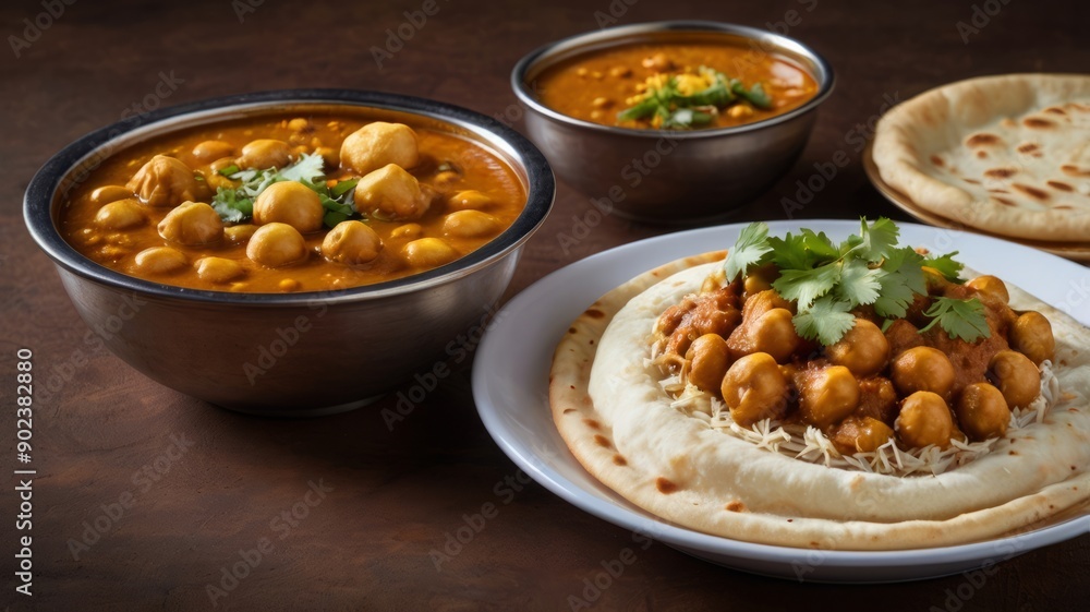 Generate an image of Chole Bhature, with spicy chickpea curry served with fluffy, deep-fried bhature bread. The dish should be garnished with sliced onions, green chilies, and lemon wedges. Generate an image of Chole Bhature, with spicy chickpea curry served with fluffy, deep-fried bhature bread. The dish should be garnished with sliced onions, green chilies, and lemon wedges.