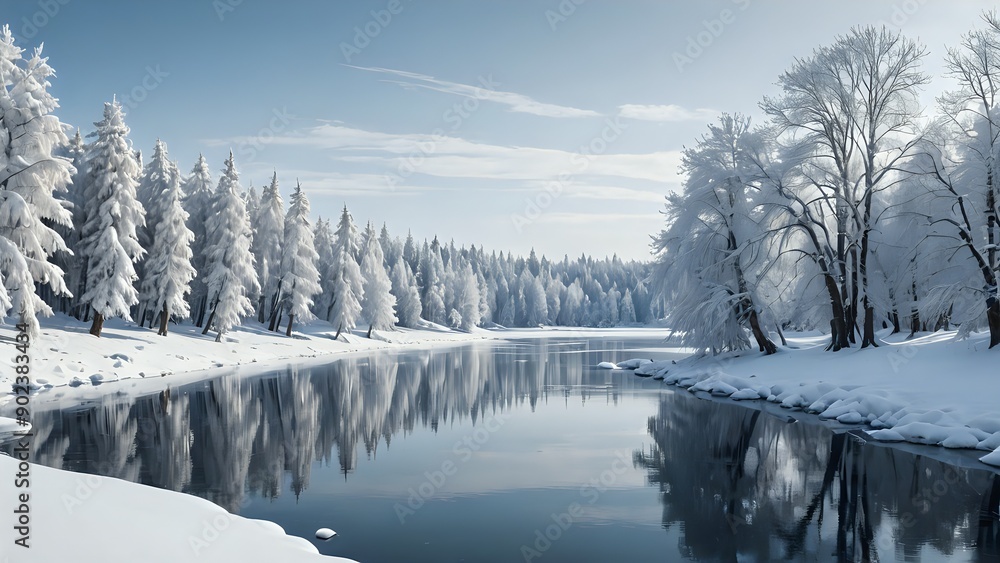 A serene winter landscape with snow-covered trees and a frozen lake, winter wonderland, peaceful, snowy, cold, tranquil, isolated, white, scenic, nature, heroic A serene winter landscape with snow-covered trees and a frozen lake, winter wonderland, peaceful, snowy, cold, tranquil, isolated, white, scenic, nature, heroic