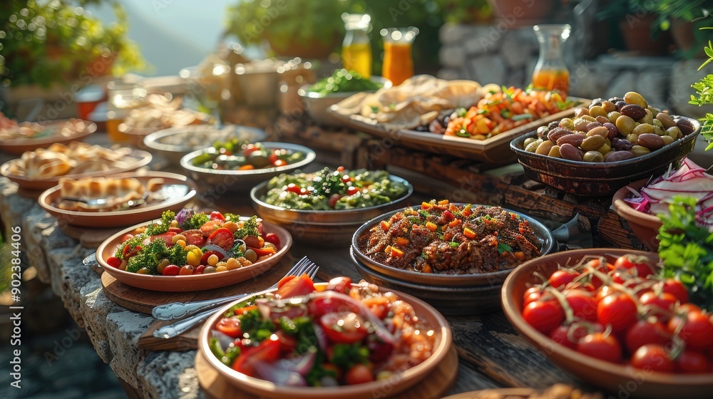 Fototapeta premium Mediterranean Mezze Spread with Vibrant Fresh Ingredients Captured in Crystal-Clear Detail