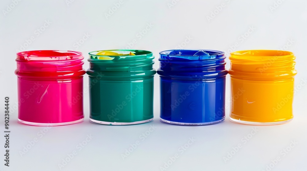 A group of four different colored paint cans sitting next to each other A group of four different colored paint cans sitting next to each other