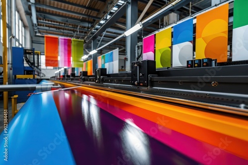 Modern large format printing machine in operation, producing high-quality, colorful panaflex banners in an industrial setting. photo