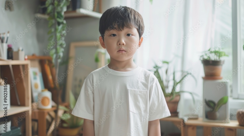 Young boy in white shirt looking at camera. Young boy in white shirt looking at camera.
