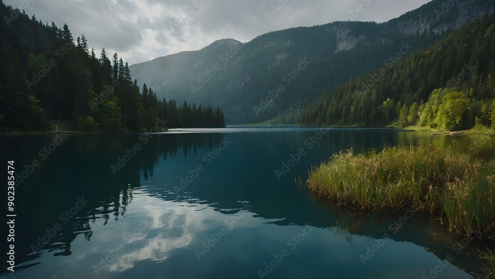 The lake’s calm waters captured in the gentle light of a winter sunset The lake’s calm waters captured in the gentle light of a winter sunset