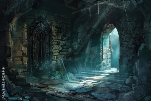 Mysterious stone chamber with glowing blue doorway and ancient runes