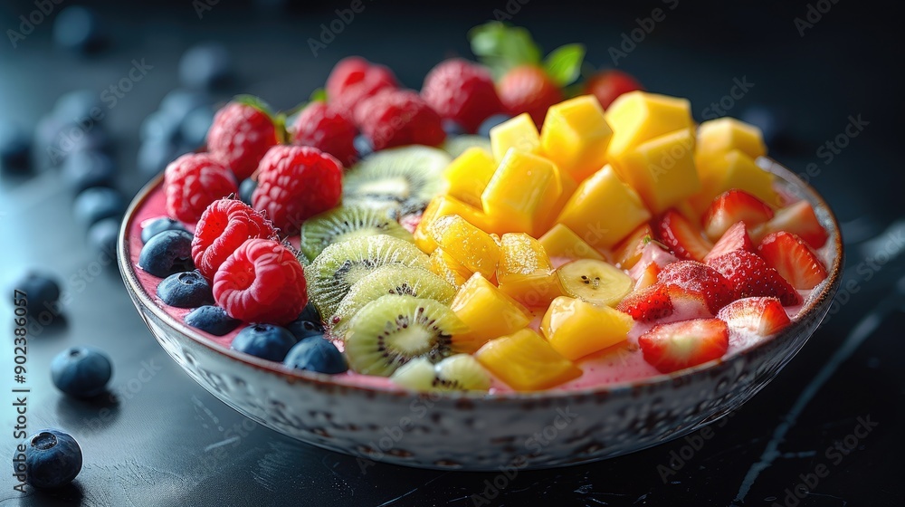 Tack-Sharp Photo of a Colorful Smoothie Bowl with Fresh Fruit Toppings and Granola Tack-Sharp Photo of a Colorful Smoothie Bowl with Fresh Fruit Toppings and Granola