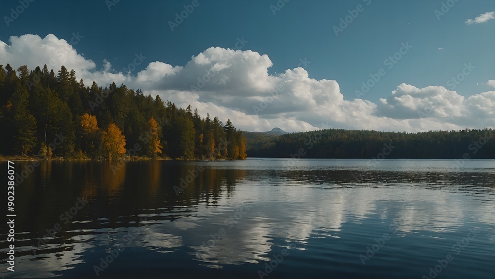Fototapeta premium The tranquil beauty of the lake highlighted by the warm colors of a winter sunrise