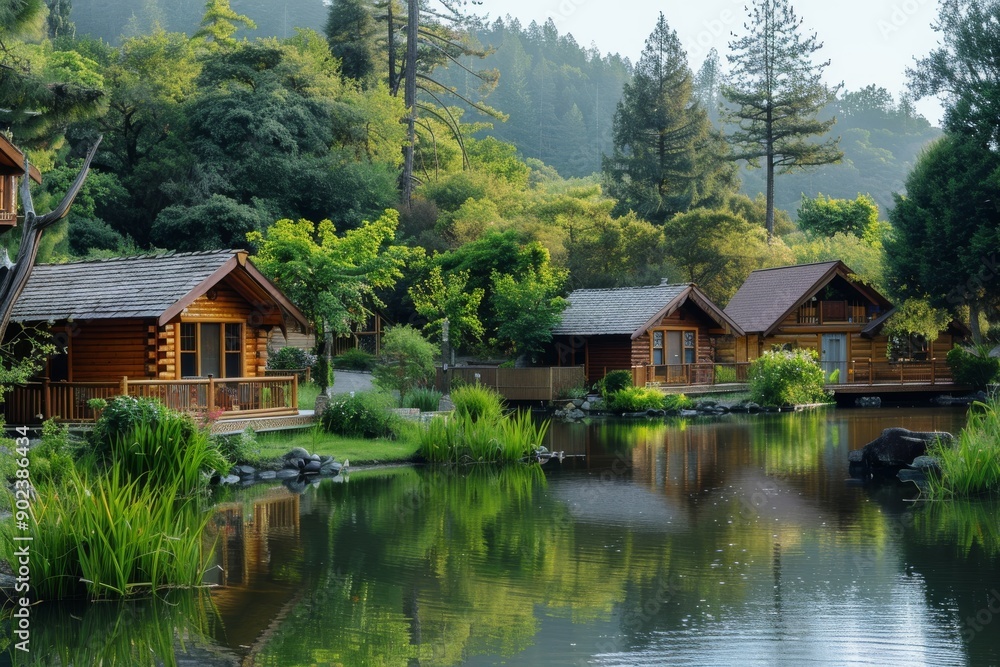 Wooden Cabins Nestled by a Serene Lake Wooden Cabins Nestled by a Serene Lake