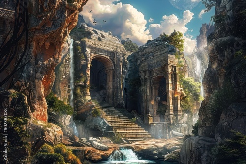 Ancient overgrown temple ruins in a mystical jungle with waterfalls