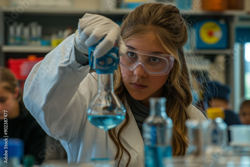 A young, enthusiastic female scientist wearing safety goggles and a white lab coat is conducting a chemistry experiment in a well-equipped high school laboratory. She is carefully pouring a vibrant bl