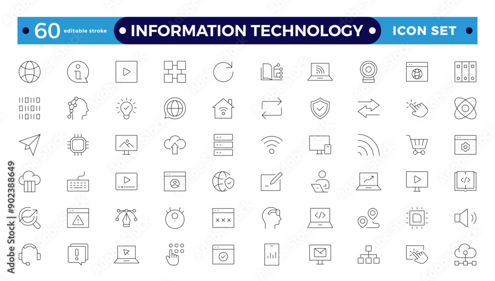 Information technology thin line icons set. Information Technology outline icon collection. Programming, Network, Website, Process, Internet, Data, Technology symbol. Editable stroke outline icon.
