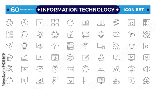 Information technology thin line icons set. Information Technology outline icon collection. Programming, Network, Website, Process, Internet, Data, Technology symbol. Editable stroke outline icon.
