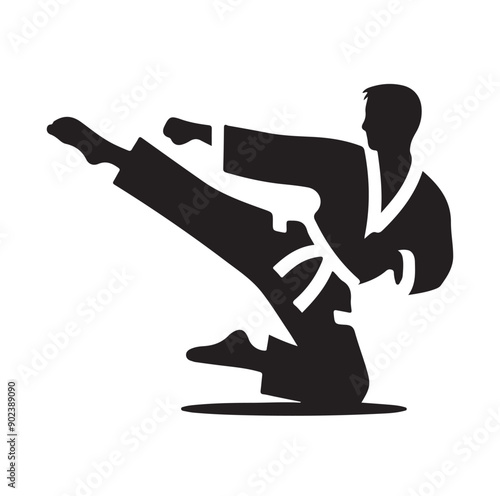 Silhouette of Three Martial Artists in Fighting Stance and Uniform
