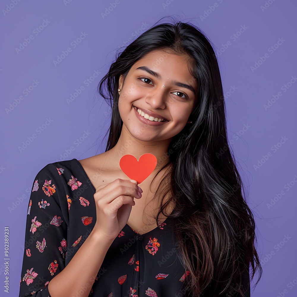Indian happy woman holding a red heart pillow isolated on grey studio background.
Indian happy woman holding a red heart pillow isolated on grey studio background.