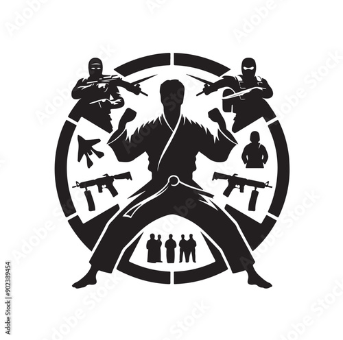 Silhouette of Three Martial Artists in Fighting Stance and Uniform
