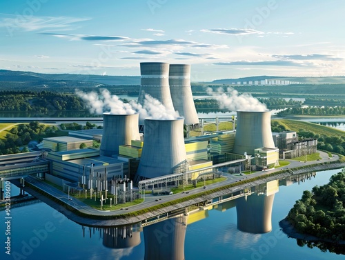 A nuclear power plant with smoke coming out of the cooling towers photo