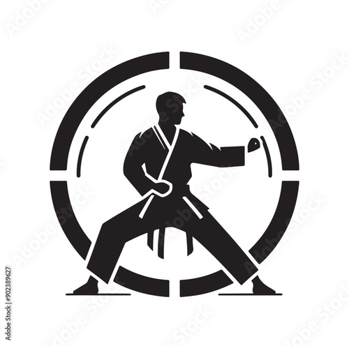 Silhouette of Three Martial Artists in Fighting Stance and Uniform
