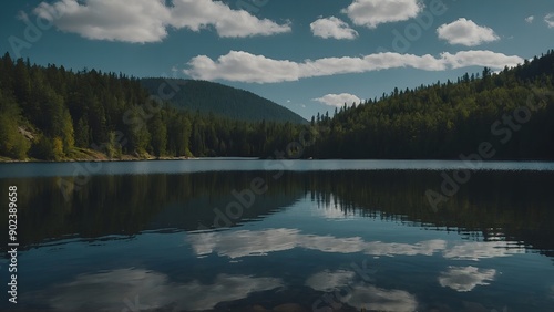 The lake’s serene waters showcasing the warm hues of a summer twilight