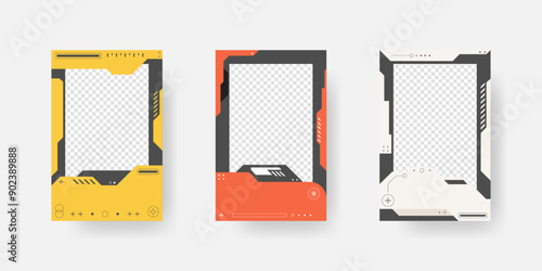 Collection of player frames template. Cyberpunk style. Game card frame mockup template design.