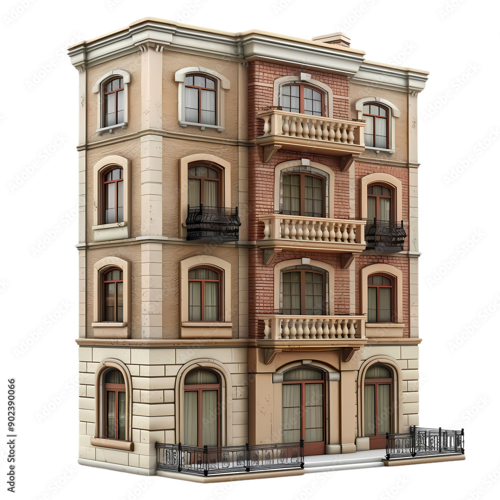 Fototapeta premium A beautifully crafted four-story residential building featuring intricate architectural details, spacious balconies, and multiple windows in an urban environment