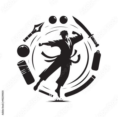 Silhouette of Three Martial Artists in Fighting Stance and Uniform
