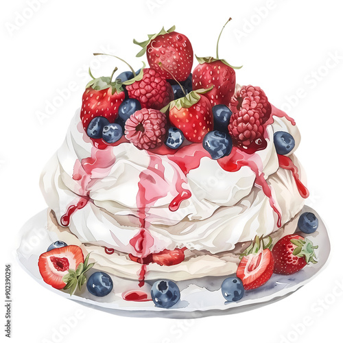 A towering pavlova dessert topped with an assortment of fresh strawberries, blueberries, and raspberries, drizzled with vibrant fruit sauce, served on a white plate
