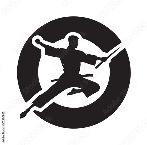 Silhouette of Three Martial Artists in Fighting Stance and Uniform

