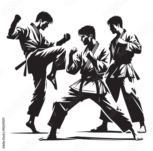 Silhouette of Three Martial Artists in Fighting Stance and Uniform
