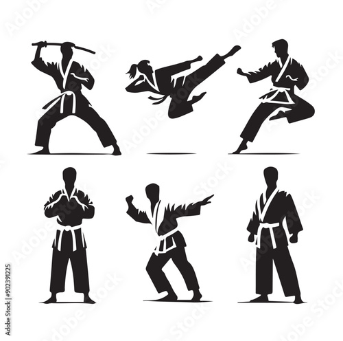 Silhouette of Three Martial Artists in Fighting Stance and Uniform
