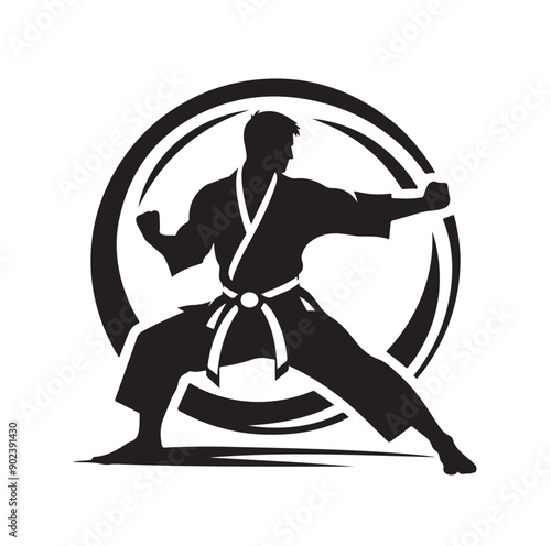 Silhouette of Three Martial Artists in Fighting Stance and Uniform
