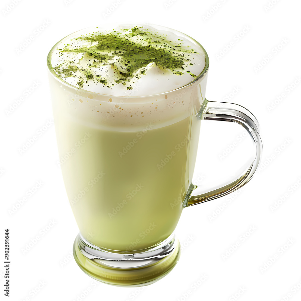 A delicious creamy matcha latte topped with frothy foam and a sprinkle of matcha powder, beautifully presented in a clear glass mug A delicious creamy matcha latte topped with frothy foam and a sprinkle of matcha powder, beautifully presented in a clear glass mug