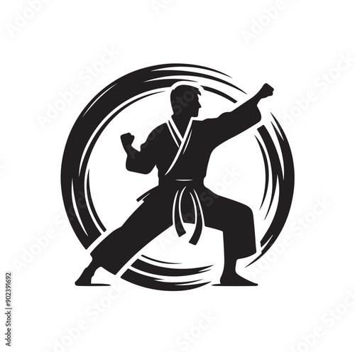 Silhouette of Three Martial Artists in Fighting Stance and Uniform
