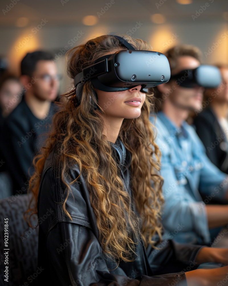 smiling young girl in VR headset on blurred background , virtual reality artificial intelligence, future technology concept. smiling young girl in VR headset on blurred background , virtual reality artificial intelligence, future technology concept.