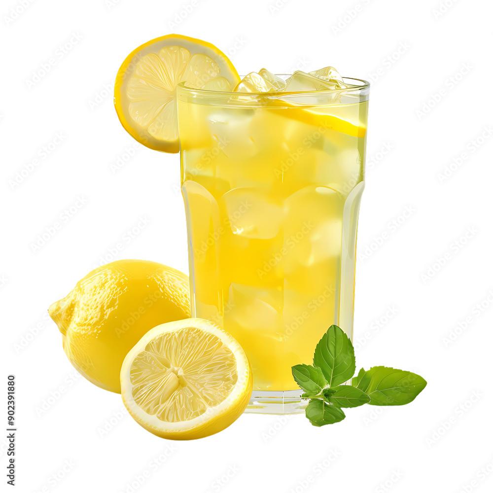 A tall glass filled with refreshing lemonade, ice cubes, and garnished with mint leaves, alongside whole and halved lemons ready to be enjoyed A tall glass filled with refreshing lemonade, ice cubes, and garnished with mint leaves, alongside whole and halved lemons ready to be enjoyed