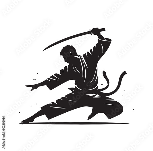 Silhouette of Three Martial Artists in Fighting Stance and Uniform
