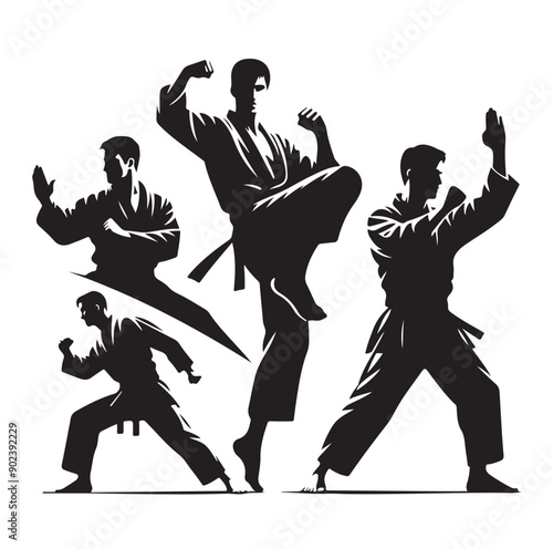 Silhouette of Three Martial Artists in Fighting Stance and Uniform

