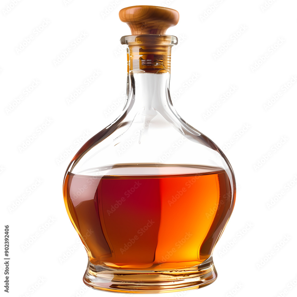 A beautifully crafted glass decanter holds a rich amber liquid, showcasing its exquisite shape and wooden stopper, adding elegance to the overall presentation A beautifully crafted glass decanter holds a rich amber liquid, showcasing its exquisite shape and wooden stopper, adding elegance to the overall presentation