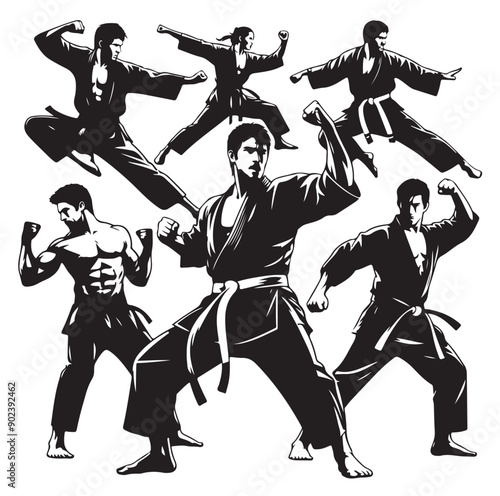 Silhouette of Three Martial Artists in Fighting Stance and Uniform
