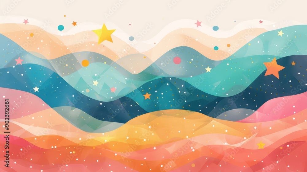Fototapeta premium Colorful waves undulate with stars sprinkled throughout the dreamy landscape