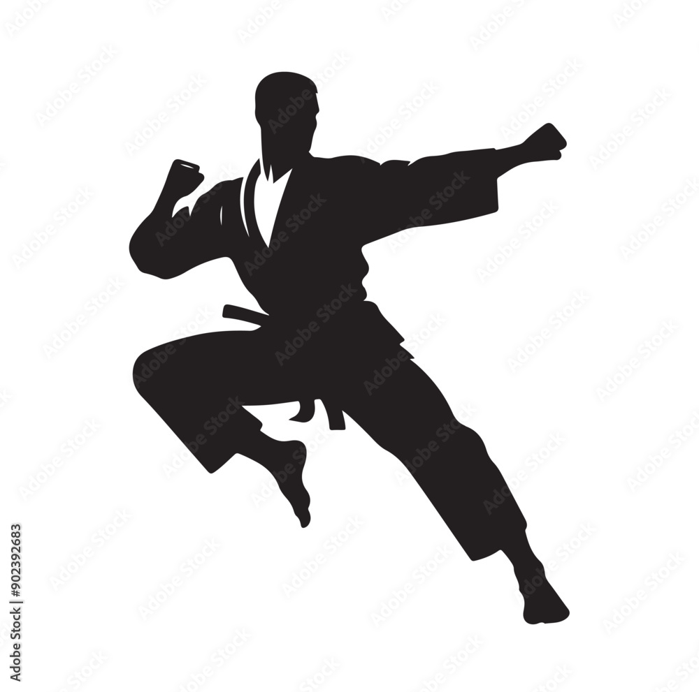 Obraz premium Silhouette of Three Martial Artists in Fighting Stance and Uniform 