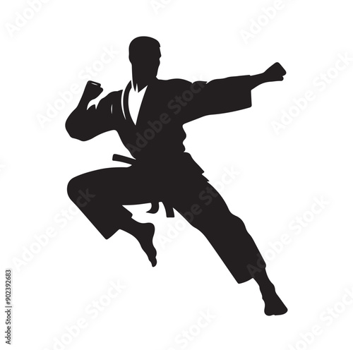 Silhouette of Three Martial Artists in Fighting Stance and Uniform
