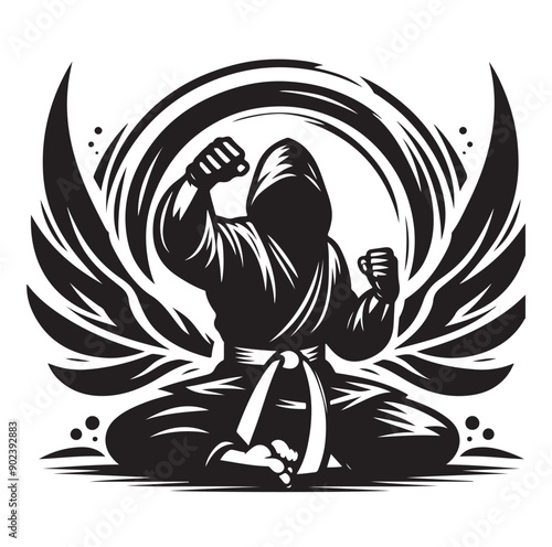 Silhouette of Three Martial Artists in Fighting Stance and Uniform
